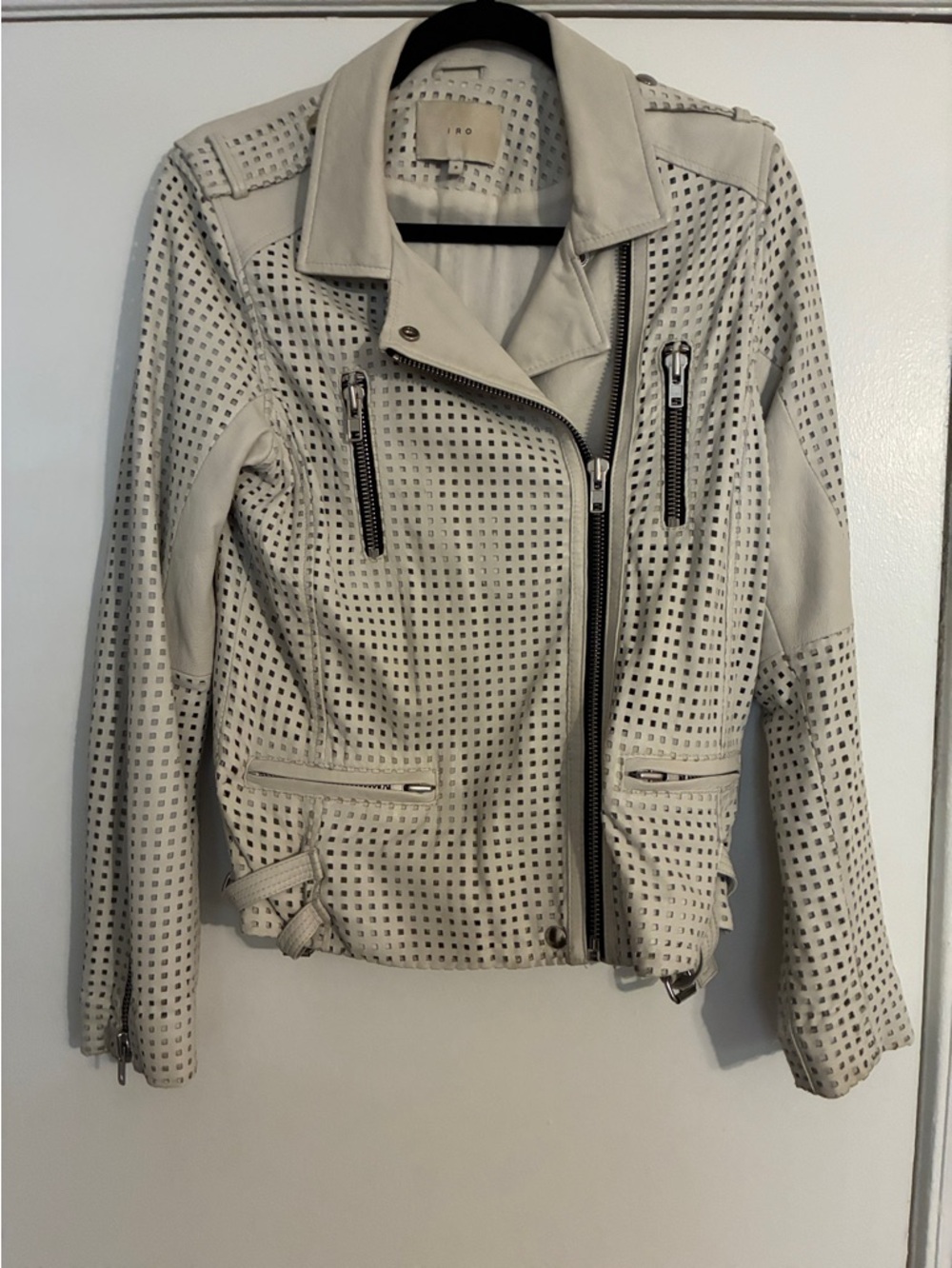 IRO Perforated Leather Moto Jacket in Light Cream